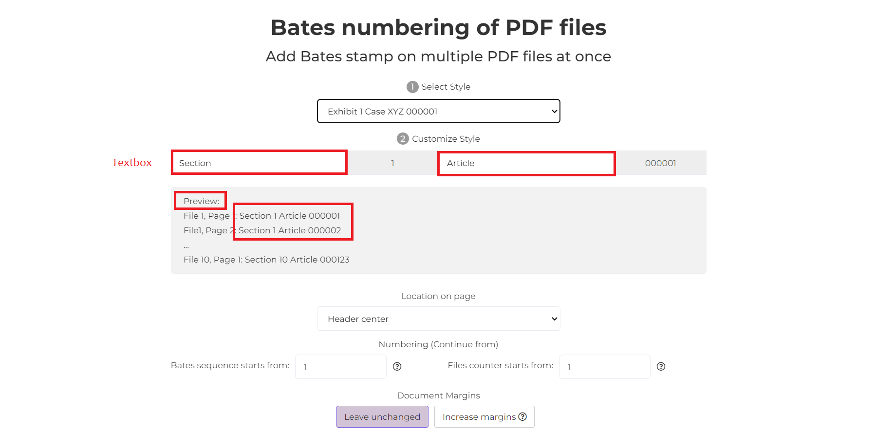 customize bates numbering